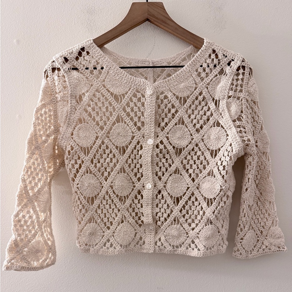 Retro Girl Japan Cream Cropped Crochet Cardigan boho cottage